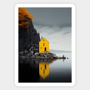 yellow house at the edge of the danish fjord Sticker